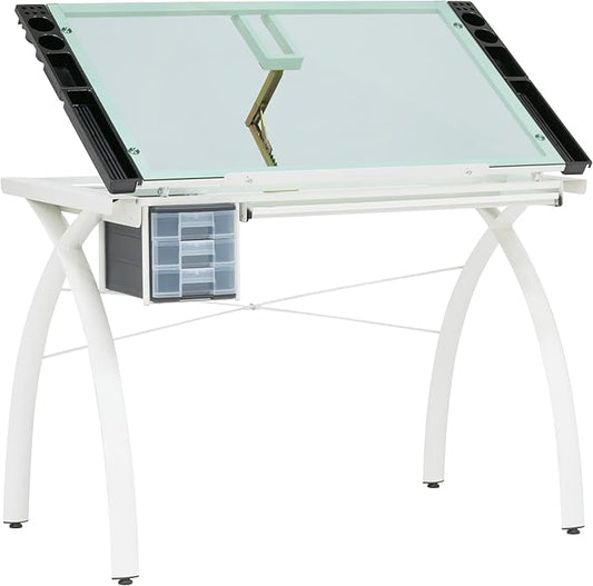 SD STUDIO DESIGNS Futura Craft Station 38" W Drawer and Built-in Pencil Ledge-Tilt Top Drafting Table, Glossy Sage/Clear Glass