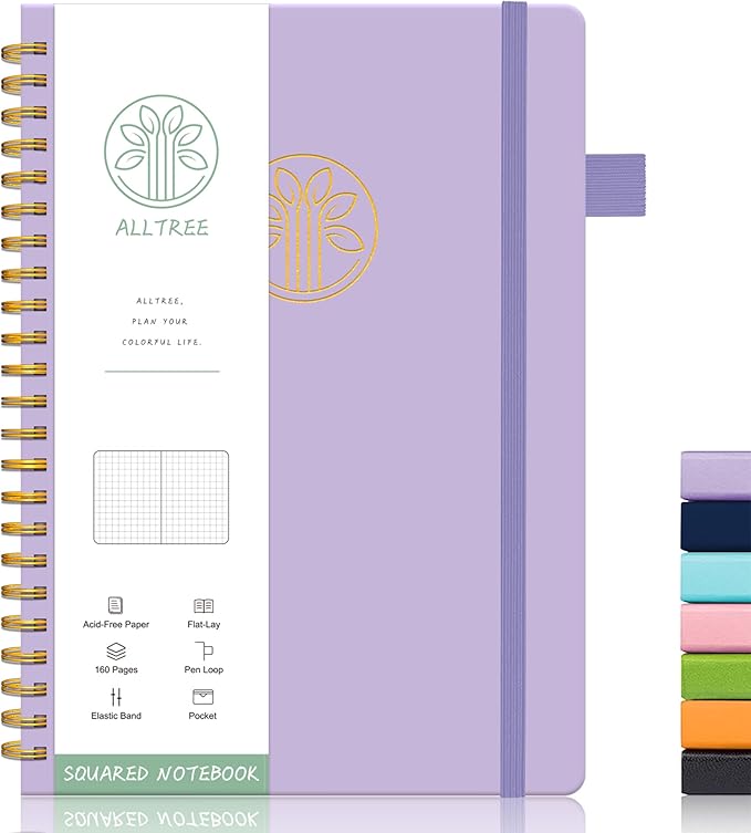 Alltree Spiral Graph Notebook Journal, Leather Hardcover Graph Notebook for Work, Twin Spiral Grid Notebook with Pen Loop, Pocket, 160 Pages, Journal for Women & Men, Purple(6"x8.5")