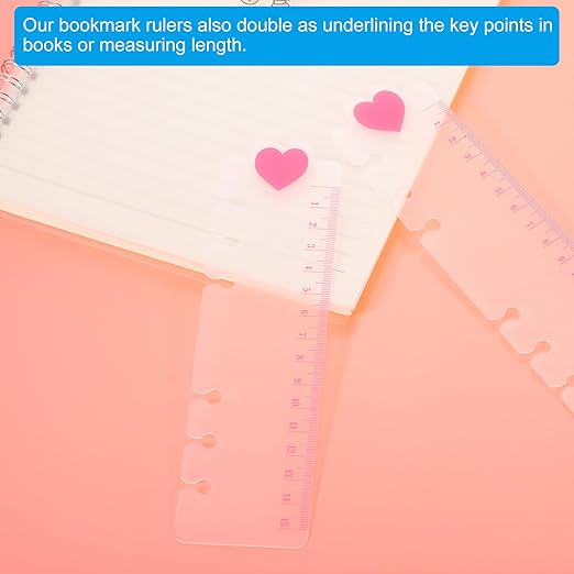 PATIKIL 7.1"x2" Bookmark Ruler, 10 Pack Snap-in Ruler Page Marker Book Mark Measuring Tools for 6-Hole Binder Notebook, Pink Heart Shape