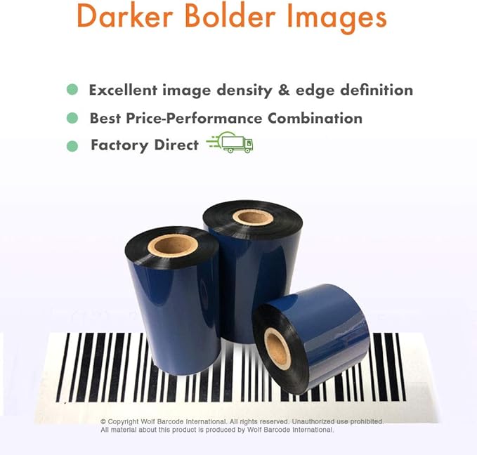 6 Rolls Wolfbarco 3.5" x 1476' (89mm x 450m) Black Premium Resin-Enhanced Wax Thermal Transfer Ribbon Compatible with Zebra,TEC, INTERMEC,Citizen,TSC,GODEX,ARGOX Printers
