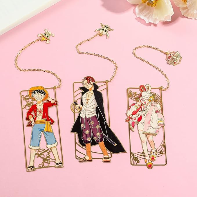 One Pieces Anime Luffy Shanks Uta Book Mark - Brass Metal Bookmark, Stationery School Supplies, Gift for Book Lover, Friends, Anime Fans Collection (Set-4)