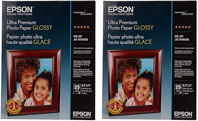 Epson Ultra Premium Photo Paper Glossy, Letter, 8.5 x 11, 25 Sheets (S042182), White (Pack of 2)