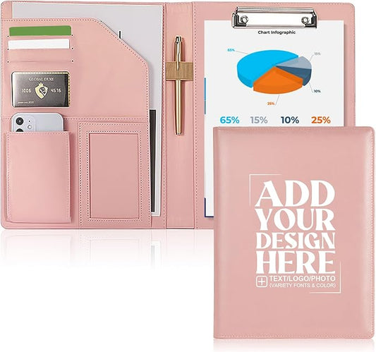 Personalized Padfolio - Customized Leather Portfolio with Logo or Text - Professional Business Portfolio with A4/US Letter Writing Pad Holder for Resumes and Interviews, Pink