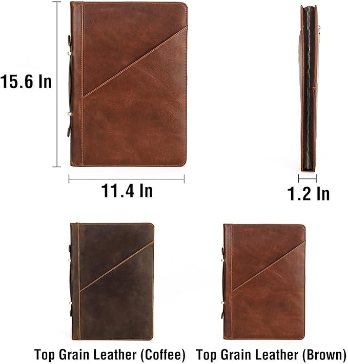 Top Grain Leather 16.2" Slim Laptop Zipper Folio Case Bag, Handmade & 2 Pockets, Compatible with MacBook Pro 16.2" A2485 M1 Max 15" Touch Bar A2141 A1707 Pro 16" Touch ID, Brown 16.2 Inch