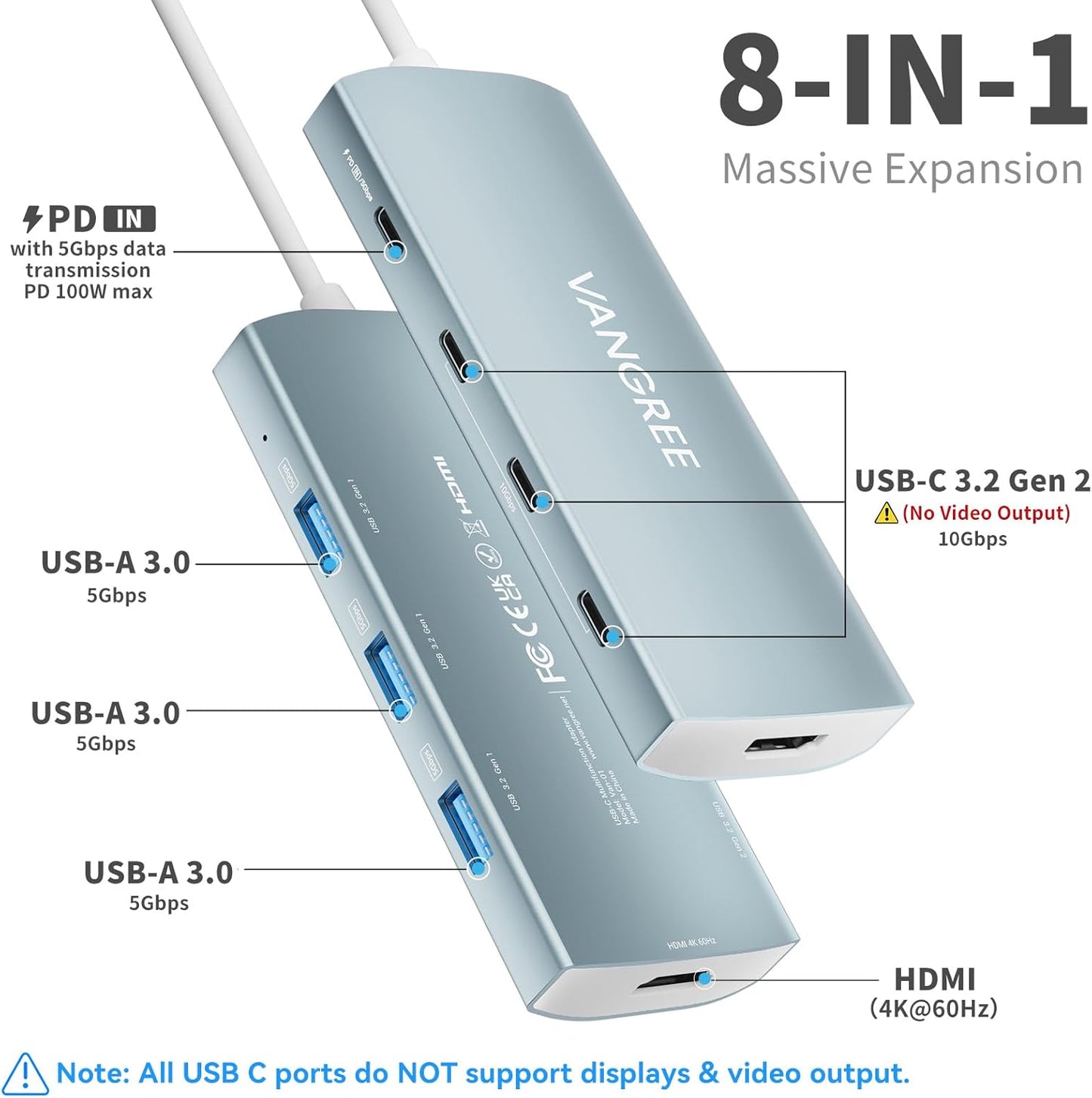 USB C to USB C Hub 10Gbps, 3 USB 3.2 Gen 2 Ports, 4K@60Hz HDMI, 100W PD, 3 USB 3.0 Ports, USBC Splitter Multiport Adapter for MacBook Pro/Air, iMac, iPad Pro, iPhone 15 (Not Support Type-C Monitor)