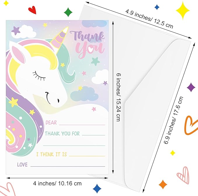 Eaasty 72 Pieces Kids Thank You Cards Fill in the Blank Thank You Notes with Envelopes Colorful Thanks Cards for Birthday Party(Unicorn Style)