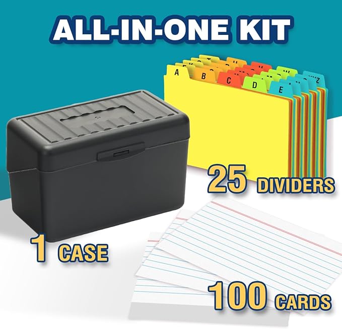 H4D 3x5 Index Card Holder with 100 Heavyweight Ruled Index Cards and 25 Plastic Dividers, Black