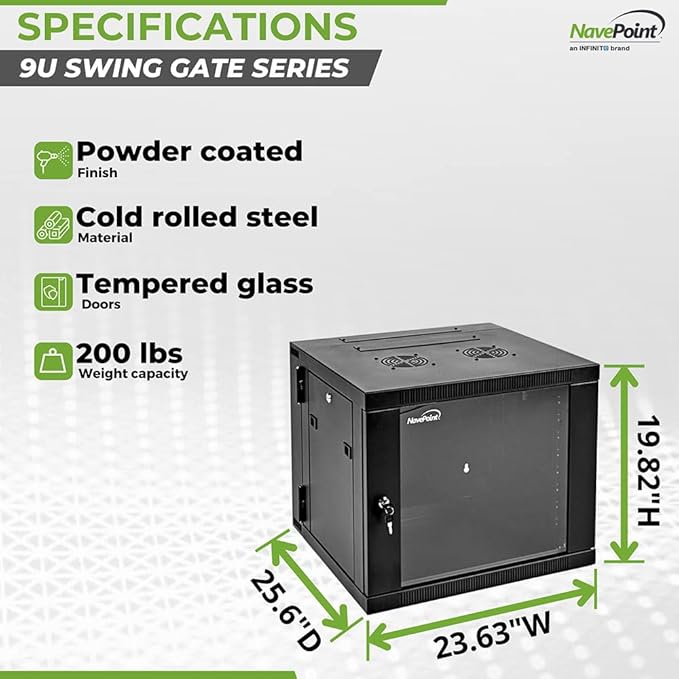 NavePoint 9U Server Cabinet with Hinged Back - 25.5” Deep, 9U Server Rack Enclosure with Locking Glass Door, Wall Mount Rack with Removable Side Panels, 9U Network Cabinet with 2 Fans, Pre-Assembled