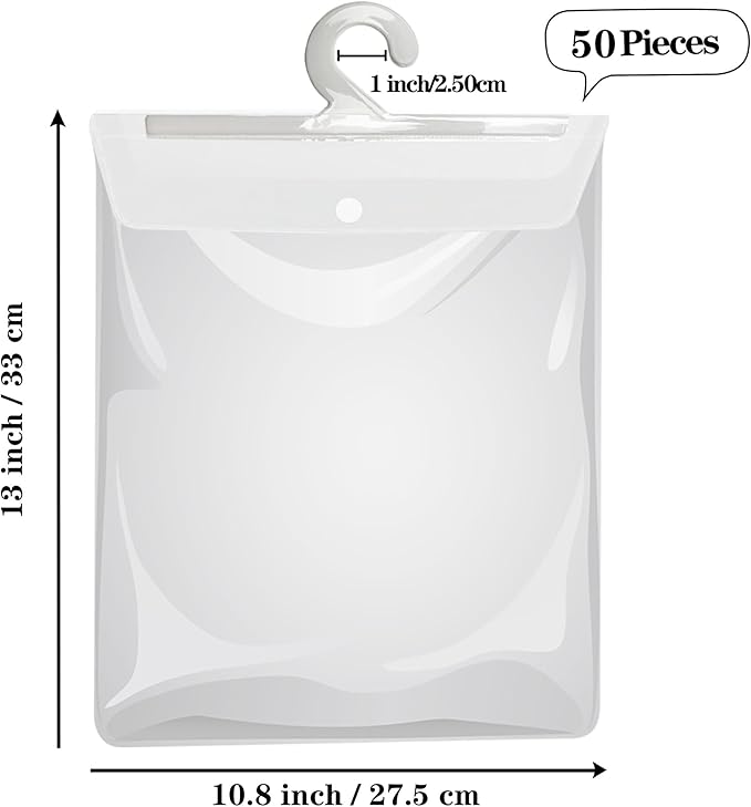 Hanging Storage Bags with Hanger,13" X11" Large Hook Hang-Up Clear Plastic Bags,Book Pouch School Supply Kit Classroom Organization for Classroom Library School Supplies Home Pharmacy Use (30)