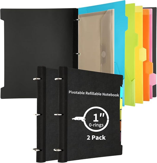 2 Pcs Pivotable Refillable Notebook, 3 Ring Binder Notebooks 1 Inch, Notebook with Dividers and Pockets, Folder Notebook, Flexible Binder, Soft Binders 3 Ring, Foldable Binder- Black