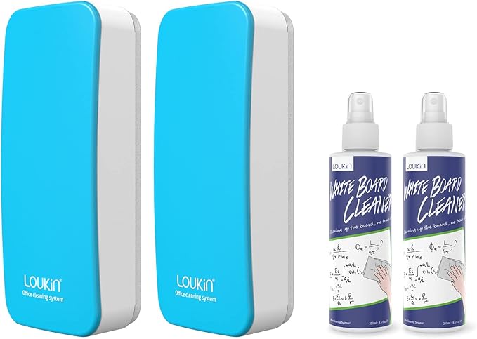 LOUKIN 2 Pack Magnetic Dry Erase Eraser, Whiteboard Eraser, Glass Board Eraser(Blue), 3.4 fl oz Whiteboard Cleaner * 2 Included, for Classroom, Home and Office Use