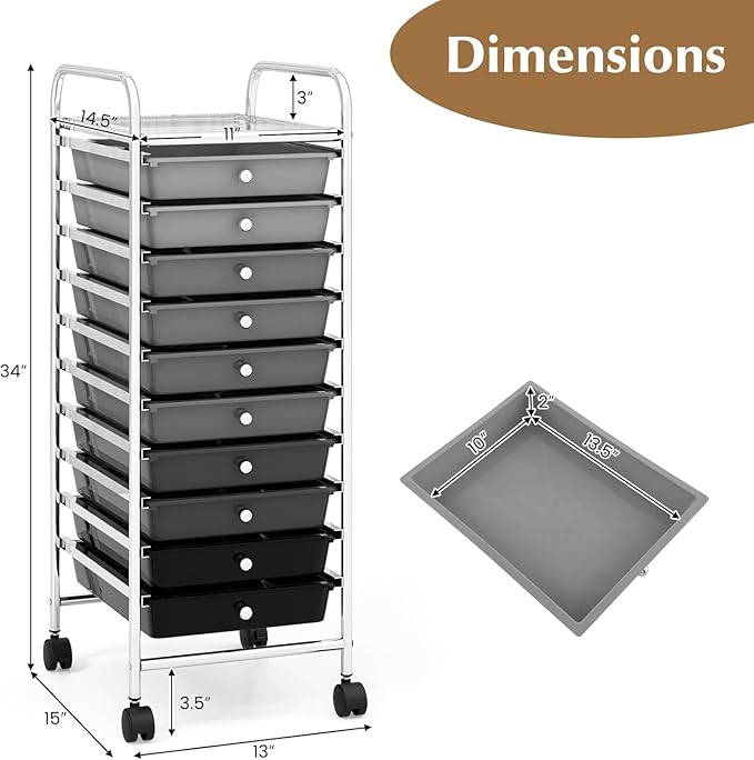 Storage Cart, Rolling Utility Cart with 10 Drawers, Portable Handles & Lockable Wheels, Mobile Paper Toys Storage Organizer Large Capacity for Home Office School Teacher (Gradient Black)