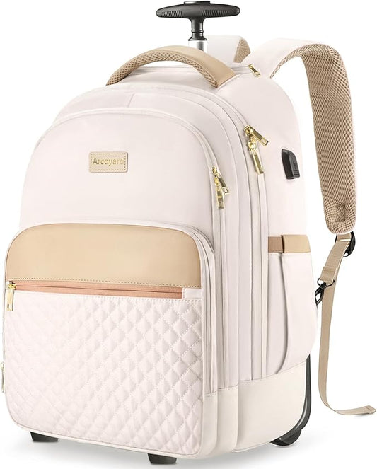 Rolling Backpack For Adults With Wheels, 40L Wheeled Backpack For Women, Travel Roller Backpack, Carry On Luggage, Rolling Bag, Beige