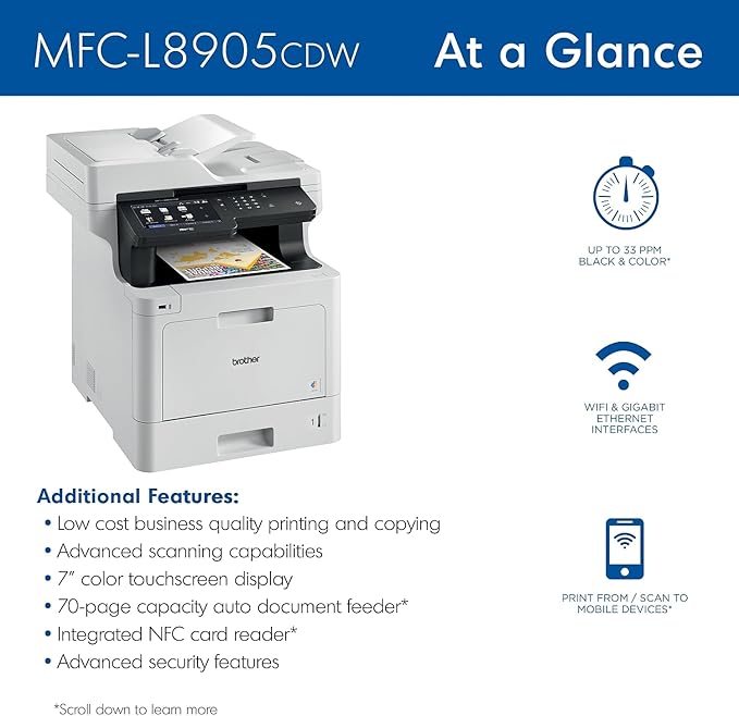 Brother MFC‐L8905CDW Business Color Laser All‐in‐One Printer, 7” Touchscreen Display, Duplex Print/Scan, Wireless, White