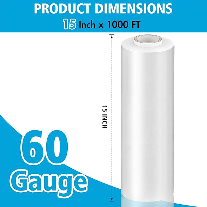 Stretch Film, 15 Inch x 1000 Feet Shrink Wrap for Pallet Wrap, Industrial Strength Stretch Wrap, Moving Wrapping Plastic Roll, 60 Gauge