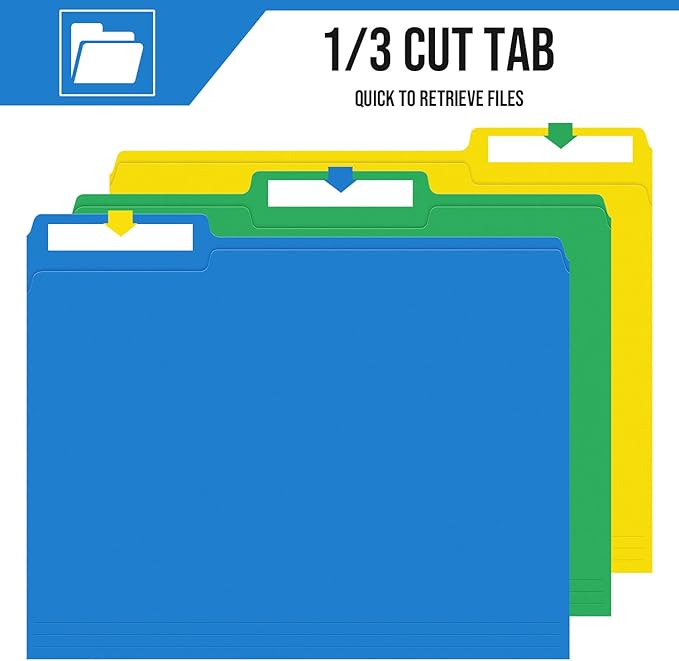 File Folders,IntoJoy 120 Pack Colored File Folder Letter Size, 1/3 Cut Tab Filing Folders for Office School Business File Document Organization,6 Colors