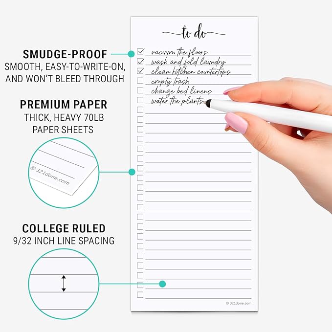 321Done 2-Pack Skinny To Do List Notepad, Made in USA - 3.7x8.5, College Ruled, Simple Stylish To-Dos Memo Pad for Planning, Tasks, Appointments, Reminders, Home, Office - 50 Sheets per Pad