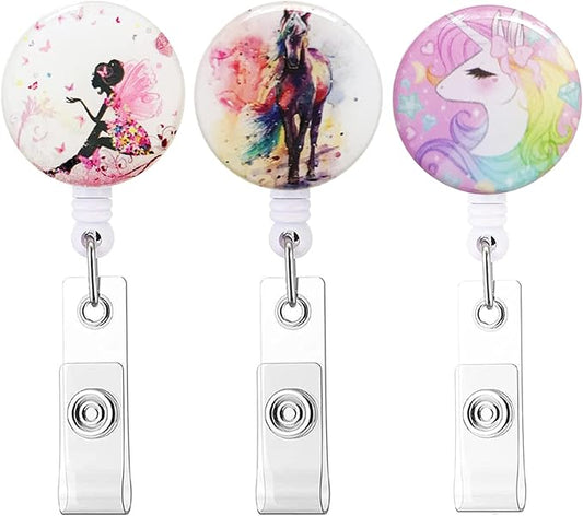 Retractable Badge Reel, Badge Holder with Alligator Clip, Cute Badge Clip on ID Name Card Holders for Nurse Doctor and Office (3Pack Horse & Fairy)