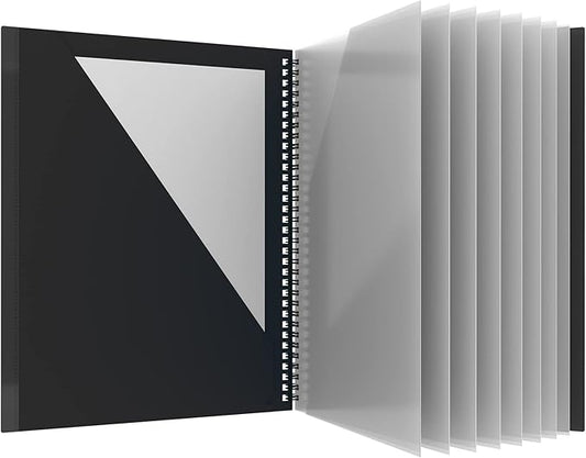 Oxford 10 Pocket Folder, Plastic Spiral Portfolio, Multi-Pocket Paper Organizer, Folder for School and Office, Anti-Tear Edges, 8 Clear Pockets, 2 Diagonal Interior Pockets, Letter Size, Black (89332)