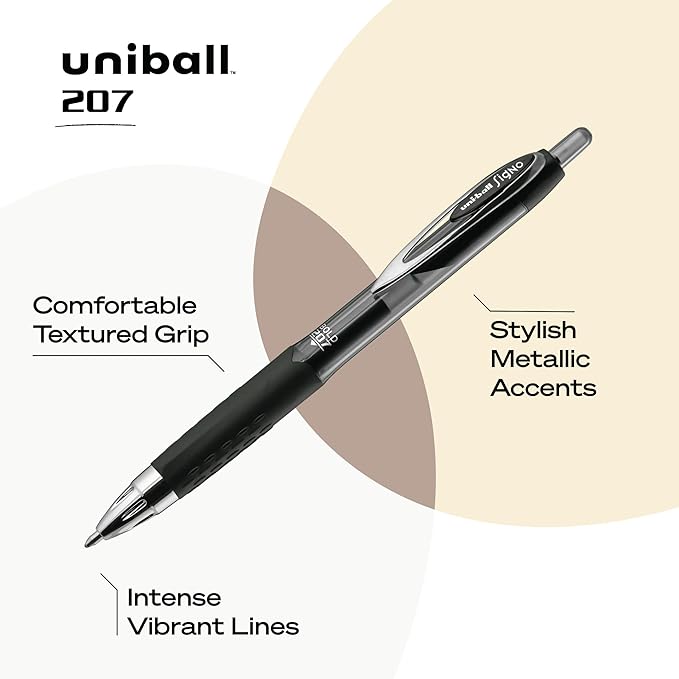Uni-Ball 207 Gel Pen 12 Pack - 1.0mm Bold Black Pens, Gel Ink School Pens - School Supplies, Teacher Pens, Journaling Pens - Back to School