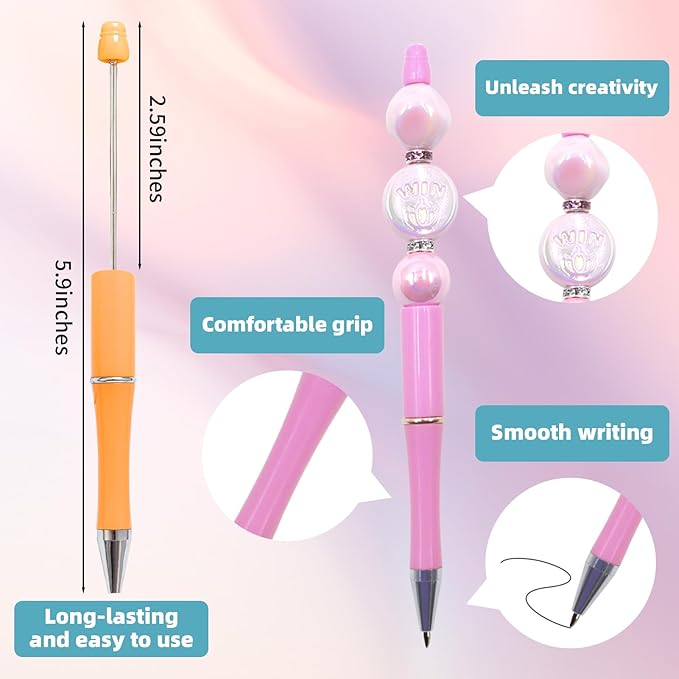 15 Pieces Beadable Pens - Beaded Pens Sweet Plastic Diy Black Ink Ballpoint Pens Bulk - Bead Pens Suitable For Teacher, Students, Office, School, Graduation Gift Supplies