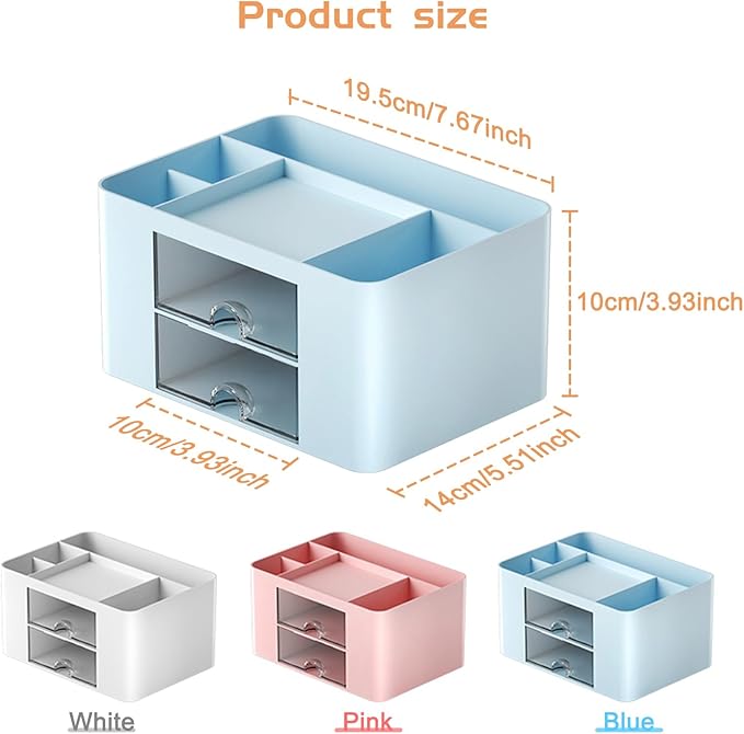 Pencil Pen Holder for Desk,2 Drawer Desk Organizers,5 Compartments Desktop Storage Stationery Supplies Organizer, Cute Pencil Cup Pot For Office, School, Home(Blue)