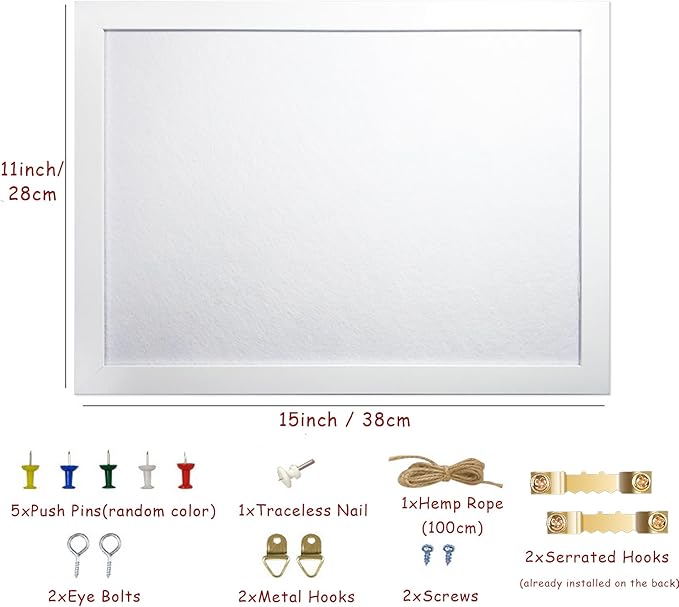 White Bulletin Board Cork Boards Vision Board with Felt, 15"x11" Small Display Pin Board for Walls, Desk, Jewelry, Notes, Collection, Photos, Office, White Framed and White Felt Board, 1pc