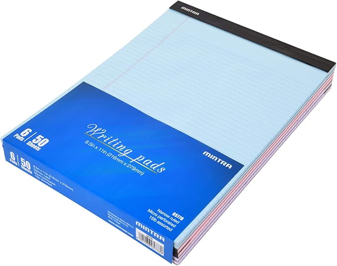 Mintra Office Legal Pads - ((BASIC PASTEL 6pk, 8.5in x 11in, NARROW RULED)) - 50 Sheets per Notepad, Micro perforated, Pastel Writing Pad, Notebook Paper for School, College, Office, Business - Pink, Blue, Purple