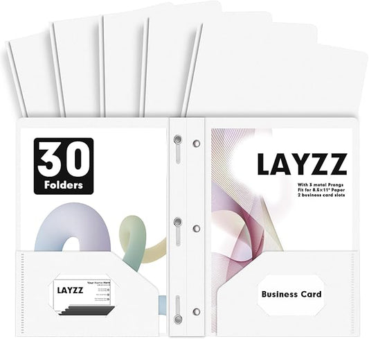 Plastic 2 Pocket Folders with Prongs, 30 Pack, Heavyweight, Letter Size Poly Folders with 3 Metal Prongs Fastener Clips (White)