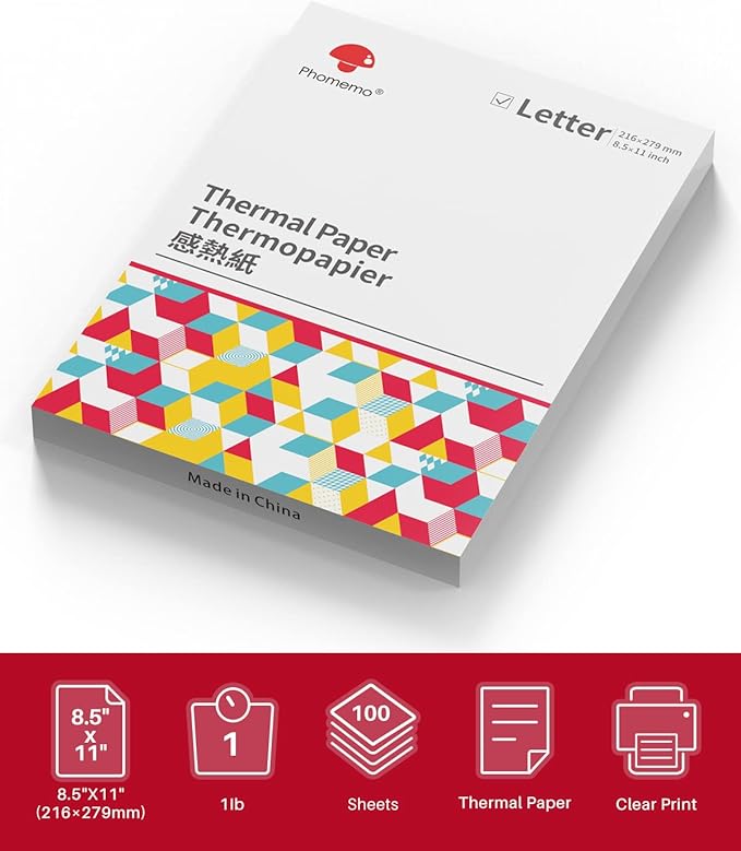 Phomemo Thermal Printer Paper 8.5 x 11 Inch, Advanced Thermal Printing, Thermal Paper Compatible with M08F-Letter, M832, M834, MT800, with Brother Letter Portable Printer, Size 8.5" x 11", 100 Sheets