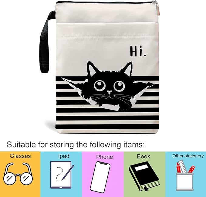 Book Sleeve, Book Covers with Zipper, Funny Cat & Book for Book Lovers, Gifts for Women Teacher Librarian Bookworm Bookish- Easily Distracted by Cats and Books (White-b, Large)