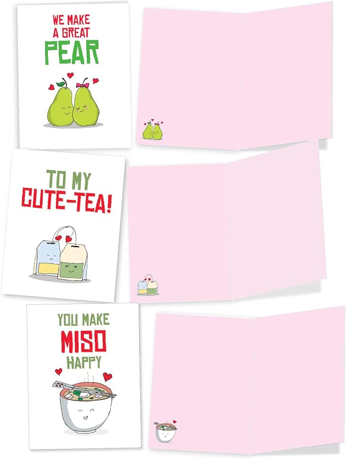 The Best Card Company - 10 Funny Assorted Blank Humor Notecards Box Set 4 x 5.12 Inch w/Envelopes Loving Cartoons for Men, Women (10 Designs, 1 Each) - Romantic Yummy Puns M5659OCB-B1x10