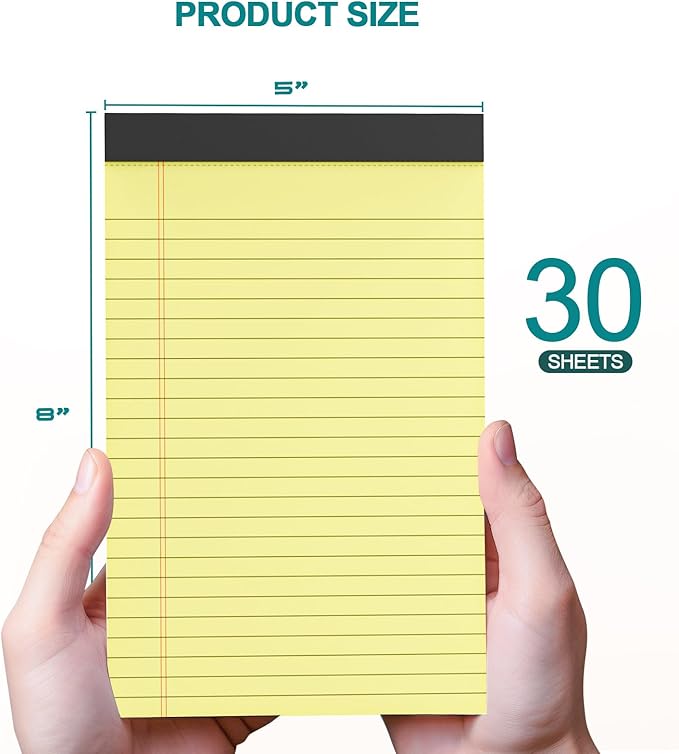 Note Pads 5x8, 8 Pack Small Legal Pads 5x8 Yellow Pad, College Ruled Legal Notepads, Lined Pads of Paper 5x8 Yellow Paper Writing Pads, 30 Sheets Per Notepad for School, Home, Office, Business