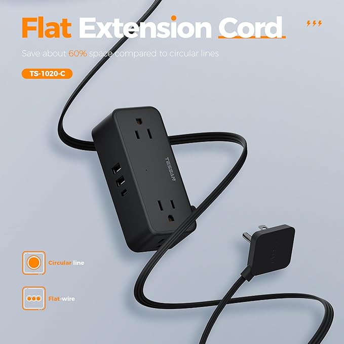 Black Extension Cord 5 Ft, Flat Surge Protector Power Strip with 4 Wide Spaced AC Outlets with 3 USB Ports (1 USB C), Ultra Thin Flat Plug with Surge Protection Desktop Organizers and Accessories