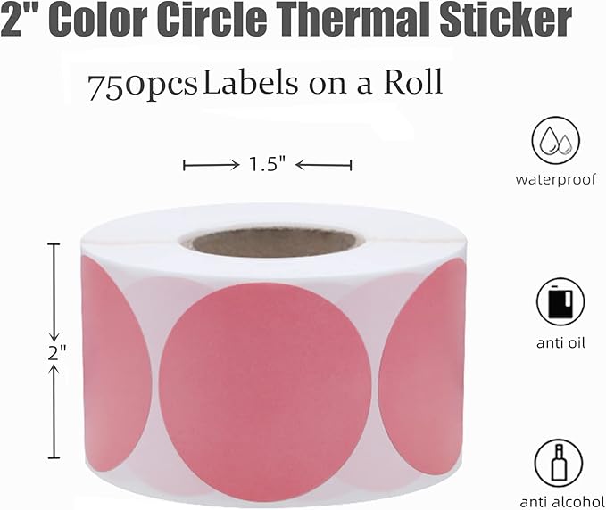 Hybsk 2 inch Circle Color Direct Thermal Stickers Shipping Labels for Barcodes,Name Tag,DIY Logo Design,QR Code,Inventory– Compatible with Zebra,Rollo,Munbyn,and More-750 pcs (2 inch,Pink)