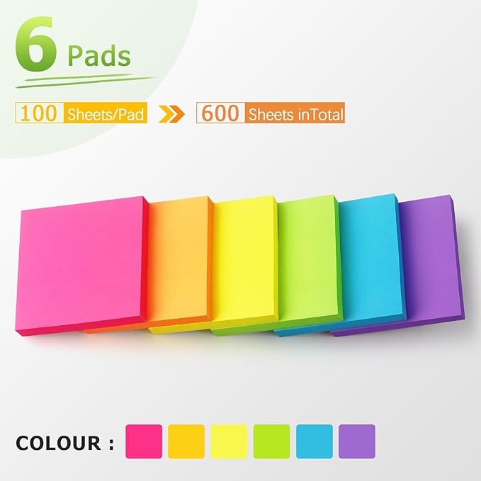 Pop Up Sticky Notes 3x3 inch Bright Colors Self-Stick Pads 6 Pads/Pack 100 Sheets/Pad Total 600 Sheets