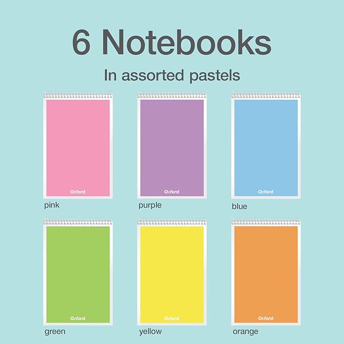 Oxford Steno Spiral Notebooks, Top Bound Steno Pads, 6x9 Inches, Gregg Ruled for Lists, White Paper, Asst. Pastel Covers, 80 Sheets, 6 Pack (1007112)