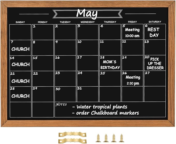Calendar Chalkboard, 17.7" * 23.6", Magnetic Surface Rustic Brown Solid Pine Wood Frame Chalk Board for Planning/School Timetable/Memo, Hanging Board for Office, School and Home(YLHB-QZ-4560)