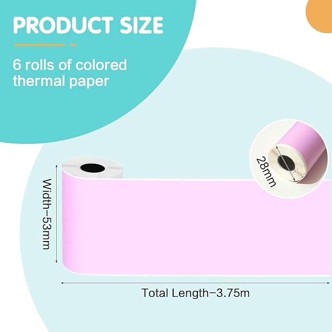 6 Rolls 53mm Mini Thermal Printer Stickers Paper, Multicolor Mini Printer Sticker Paper, Photo Printer Labels Paper, Compatible M02/T02, Kids Instant Camera, To-do Lists, Notes, Black, Photo