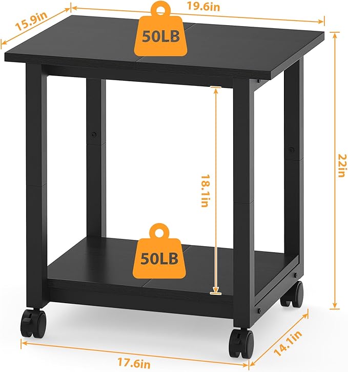 Under Desk Printer Stand, 2-Tier 19.5''x 16''x 22'' Rolling Printer Stand Storage Shelves for Printer, Scanner, Fax Machine, Files, Books with Anti-Skid Feet for Home, Office, Black