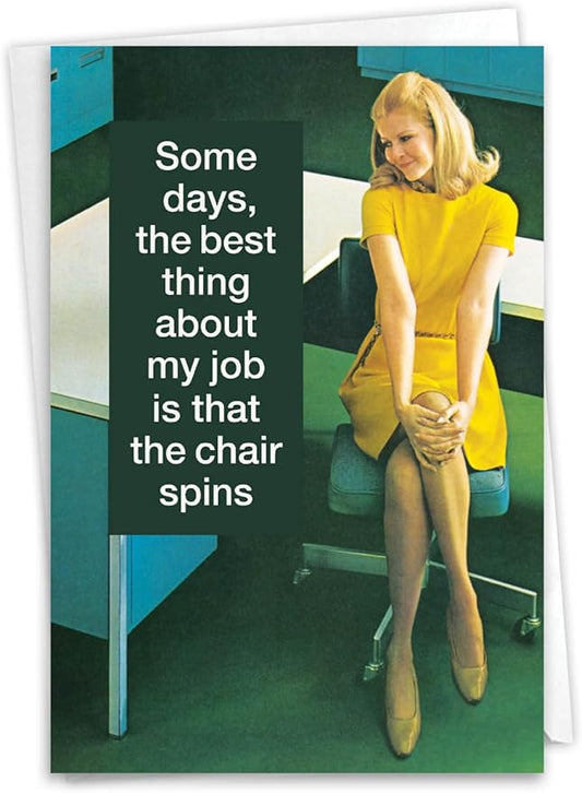 NobleWorks - Work Anniversary Card Funny - Retro, Vintage Notecard for Employees, Coworker, Women - Swivel Chair C4306ANG-WA