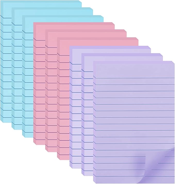 9 Pack Lined Sticky Notes 4X6 in Post Sticky Notes with Lines, Large Ruled Post Sticky Colorful Super Sticking Power Memo Pads Strong Adhesive, Sticky Notes 4x6 (Orchid Frost, Pink, Blue)