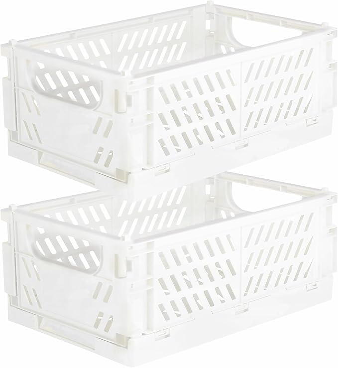 Tixill 2-Pack Mini Foldable Plastic Storage Box Mini Plastic Baskets for Organizing and Storage for Home Kitchen Bedroom Bathroom Office. (White, 16x11x6)