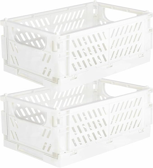 Tixill 2-Pack Mini Foldable Plastic Storage Box Mini Plastic Baskets for Organizing and Storage for Home Kitchen Bedroom Bathroom Office. (White, 16x11x6)