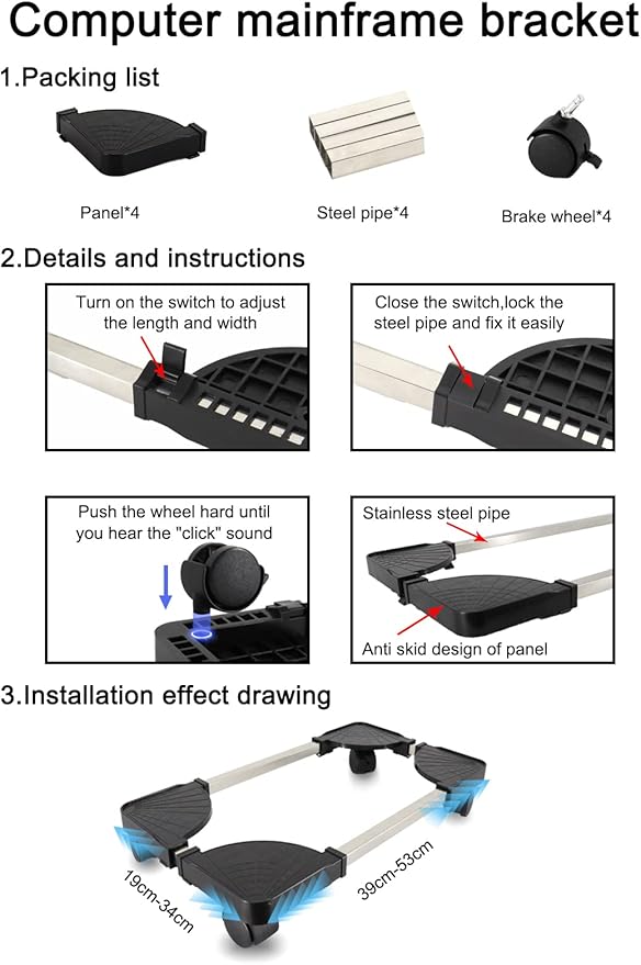 YOSE Computer Tower Stand, Adjustable Mobile CPU Stand with Rolling Caster Wheels, Premium PC Tower Stand Holder for Floor Carpet Gaming PC Case（Upgraded Version）