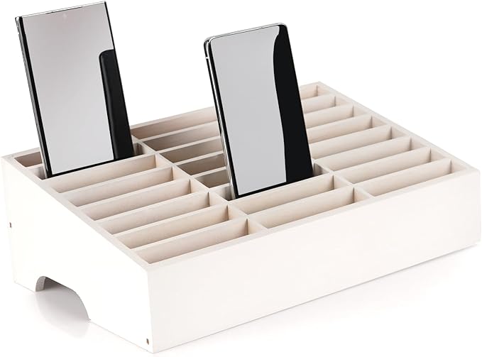 Wooden 24-Grid Cell Phones Storage Box Desktop Mobile Phone Holder Organizer for Office School Classroom (24-Grid White)
