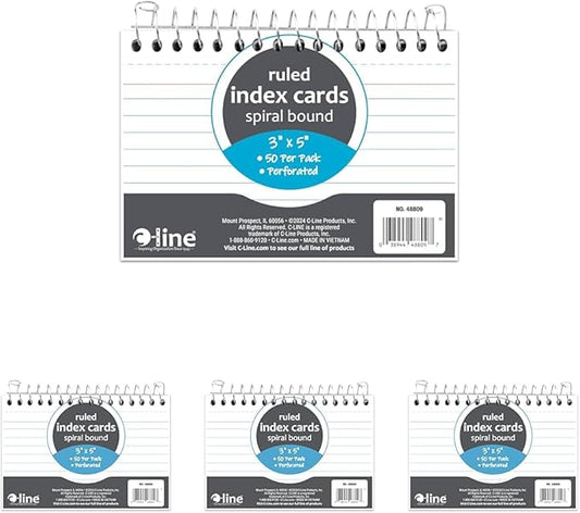 C-Line 3” x 5” Spiral Bound Index Card Notebook, Ruled, 50/PK (48809) (Pack of 4)