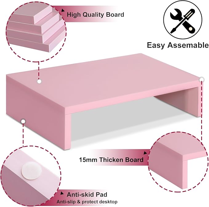 TEAMIX Pink Monitor Stand Riser, Wood Monitor Riser with Storage for Desk Small Monitor Stand TV/Screen/PC/Laptop Riser Computer Stand Desktop Shelf (Pink-14.2 inch)