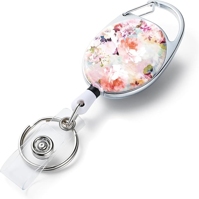 Badge Reels Retractable，Double Sided Color Print Pattern Retractable Badge Holders，with Retractable Keychain, Badge Clip and Key Ring，Durable Nylon Retractable Rope，Pink Flower