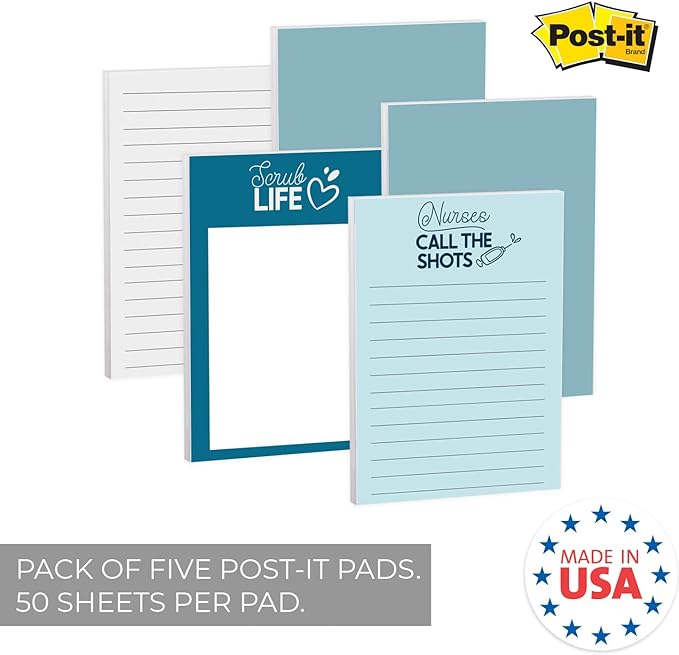 Nursing Sticky Note Pads / 4" x 6" Repositionable Snarky Medical Sticky Notes / 5 Humorous Designs / 50 Sheets Per Pad Set of 5 / Made in USA